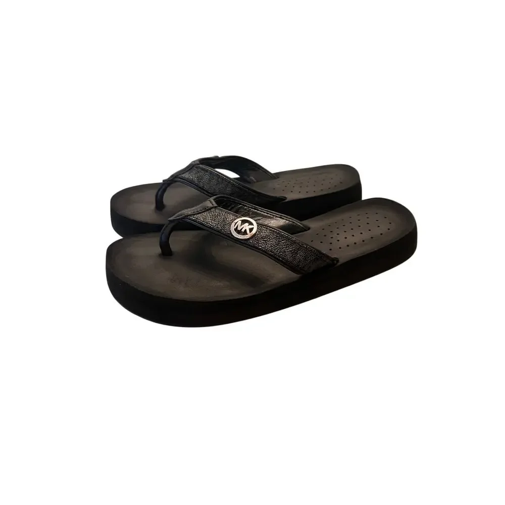 Michael Kors Woman's 8 Monogram Black Wedge Flip Flop Comfort Sandals